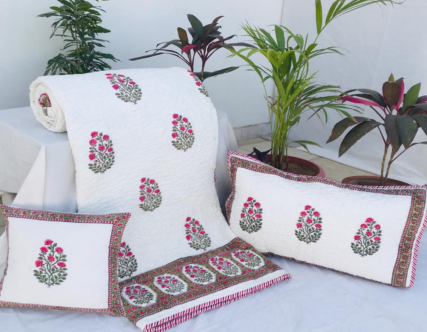 Abjini Hand Block Printed Quilted Double Bedcover Set